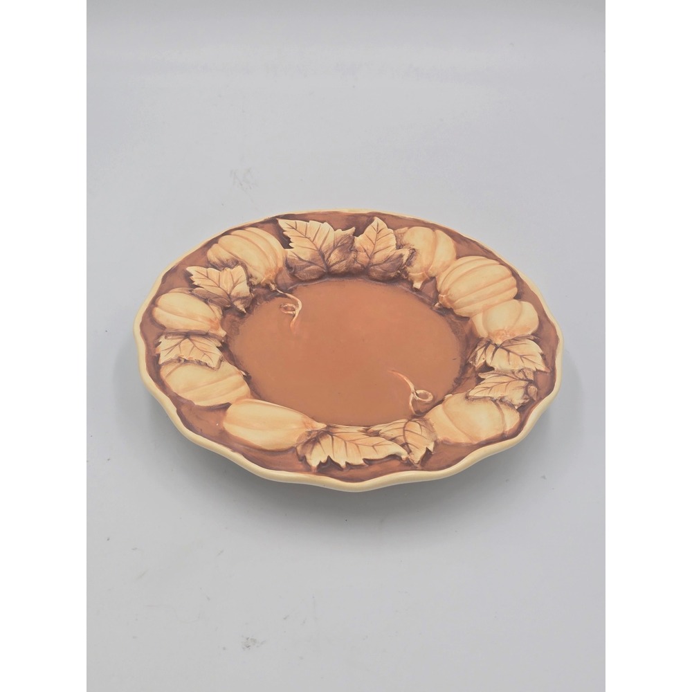 Yankee Candle Pumpkin Autumn Leaf Ceramic Jar Candle Plate Tray Fall Decor 7.75"